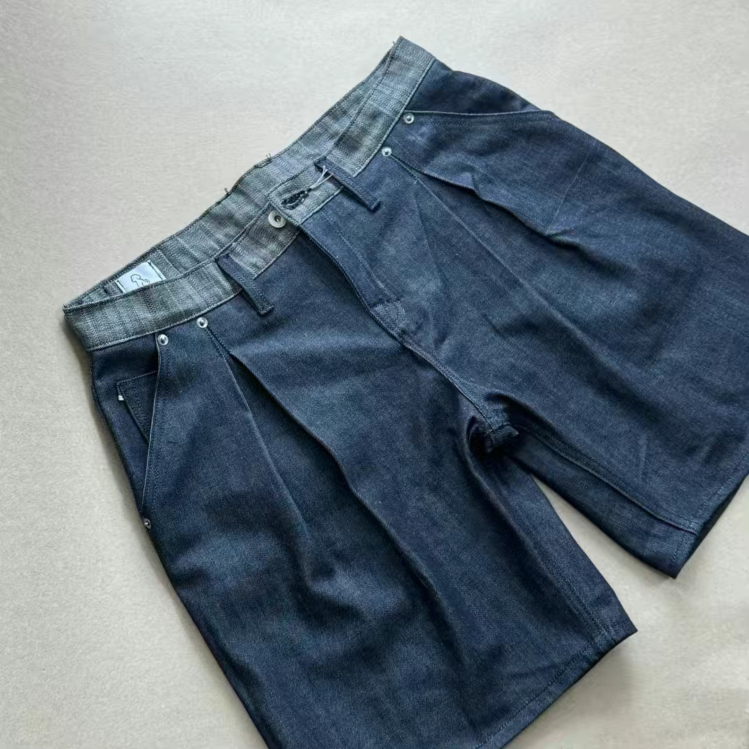 Pleated Denim Shorts